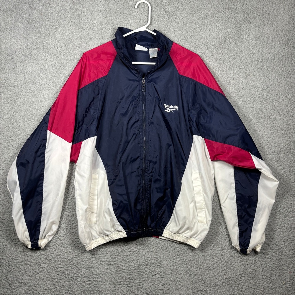 Vintage Reebok Windbreaker Jacket Mens Large Navy Blue Red White Colorblock 90s